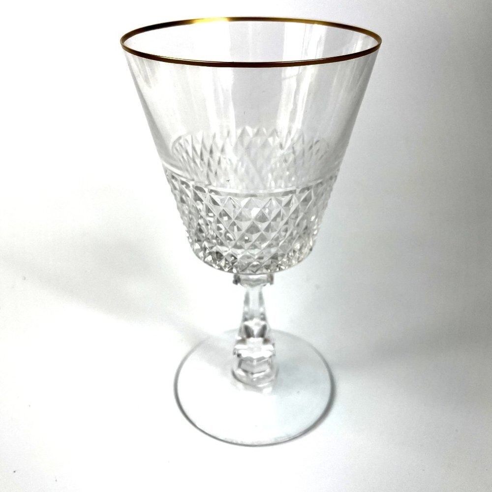 Val St Lambert Heidelberg Diamond Cut Gold Rim Wine Glass Goblet